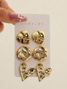 1 Pair - 9 Pairs Retro Gold Shell Bow Ear Ring Set Heart Flower Fashion Accessories Made Of High-Quality Lightweight Plastic, Suitable For Gifting To Girlfriend Or Wearing On Valentine's Day. - Gold - View 4