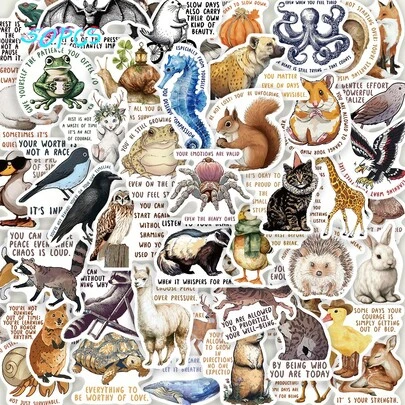 50张中世纪动物语录卡通创意手绘DIY贴纸装饰手机壳笔记本吉他贴纸