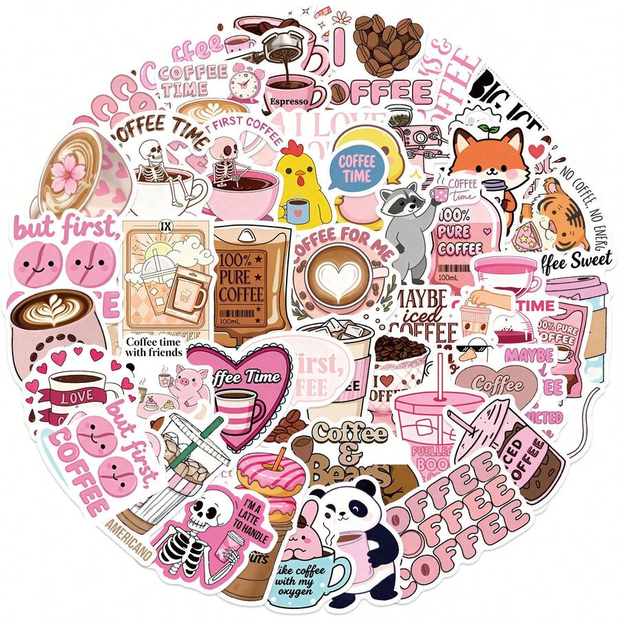 50pcs Funny Coffee Stickers Cute Pink Aesthetic Stickers Pack Kawaii Coffee Ins Decoration Stickers Cartoon Coffee Cup Stickers Vinyl Waterproof Stickers For Journaling Computer Scrapbook Luggage Water Bottle Phone - Pink - View 1