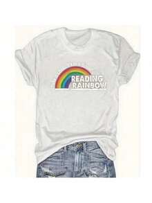 Women's T-Shirt Fitted Tops Print Y2K Crew Neck Tee-Plus Size - Women'S Red T-Shirt - Reading Rainbow Graphic Tee With Book Design - Casual Everyday Shirt For Teachers, Book Lovers - Valentine'S Day & Back To Outfits - Soft Everyday Top, Teacher Apparel, Playful Design, Comfortable Fit-Summer Festival Fashion,  Adult Heavyweight T-Shirt - 白色 - 查看 12