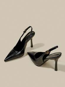 女士黑色漆皮尖头小猫跟鞋，优雅正式时尚闭趾派对礼服鞋，带踝带 - 黑色 - 查看 4