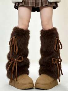 1 Pair Y2K Style Fuzzy Leg Warmers With Bow Tie Straps, In White/Khaki/Coffee, Suitable For Autumn/Winter (May Have Slight Shedding) - Multicolor - View 8