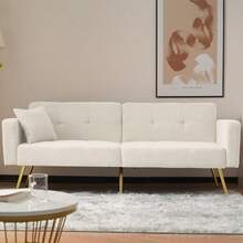 Convertible Sherpa Sofa Bed With Adjustable Backrest, Gold Metal Legs And Side Pockets - White + Foam + 2 Seat - View 5
