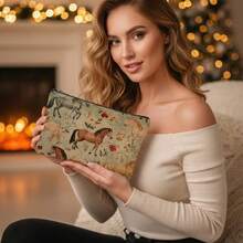 1pc Horse & Flower Pattern Cosmetic Bag, Modern Style Polyester Lightweight Travel Organizer Pouch, Makeup Bags, Cosmetic Bag,  Travel Essential, Large Capacity, Large Makeup Bag, Christmas Gifts - Màu nâu  Mocha - Xem 10