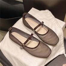 Women's Ballet Shoes, New 2026 Spring/Summer Low Vamp Shoes, Mesh Round Toe, Hollow One-Strap Buckle, Mocha Brown Flat Shoes - Mocha Brown - View 3