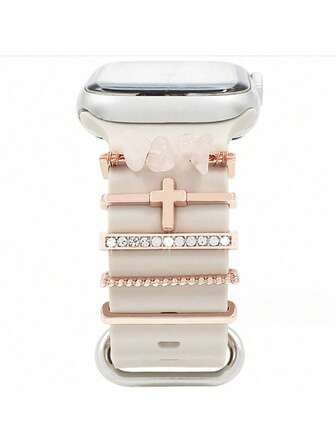 1pc Unisex Fashion Bohemian Asymmetrical Stone Cross Rhinestone Silicone Watch Band Zinc Alloy Decorative Ring Suitable For 38mm 40mm 41mm 42mm 44mm 45mm 49mm, Comfortable Skin-Friendly Silicone Watch Band Decorative Ring Accessory For Ultra/SE/9/8/7/6/5/4/3/2/1