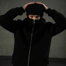 Balaclava Hoodie, Double Layer Hooded Sweatshirt With Wind Resistant Face Mask Zip, Hip-Hop Resistant Unisex Couple Style - Màu xám đen - Xem 9