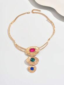 1pc Women's Metal Texture Versatile Creative Large Choker Necklace, Geometric Ellipse Hammered Metal Inlaid Colorful Acrylic Pendant Necklace, Suitable For Parties, Festivals And Daily Wear - Golden Yellow + Colorful - View 2