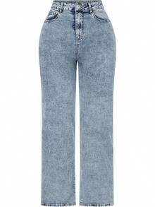 THUNDER Womens High Waisted Wide Leg Jeans Stretchy Distressed Pants - Acid Wash - View 12