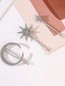 3pcs/Set Retro Geometric Rhinestone Moon, Snowflake, Star Hair Clips Set, Sweet & Chic, Suitable For Ramadan, Party, Daily Wear, Holiday Gift - Silver - View 4