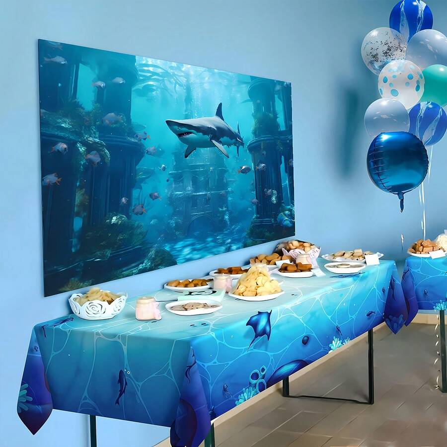 1件鲨鱼水下摄影背景布 - 海洋主题横幅，适用于生日派对装饰和水族馆拍照亭 - 彩色 - 查看 1