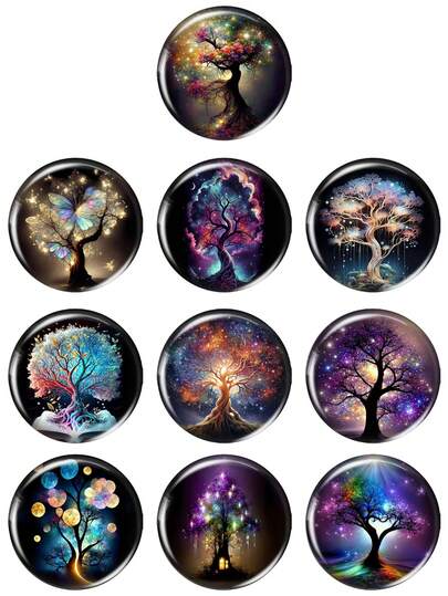 Magic Tree And Moon Art Paintings 10pcs Mixed 12mm/20mm/25mm/30mm Round Photo Glass Cabochon Demo Flat Back Making Findings