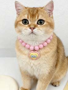 1pc Valentine's Day Pink Heart Pet Necklace, Handmade Beaded Cute Cartoon Cat Collar, Suitable For Cats And Dogs, Best Valentine's Gift For Pets - Multicolor - View 1