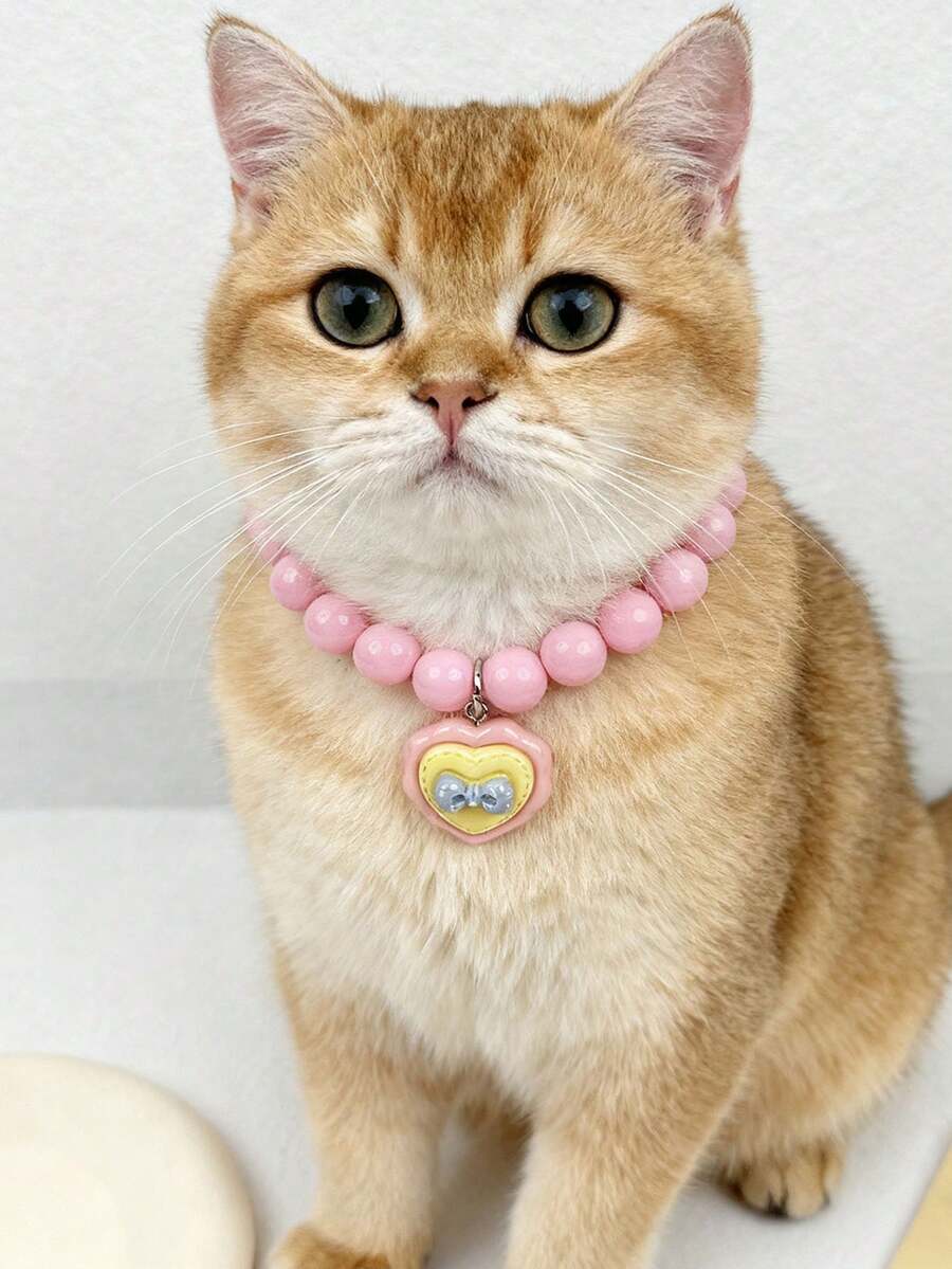 1pc Valentine's Day Pink Heart Pet Necklace, Handmade Beaded Cute Cartoon Cat Collar, Suitable For Cats And Dogs, Best Valentine's Gift For Pets - Multicolor - View 1