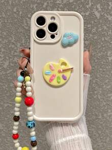 Cute Palette & Smiling Cloud Decor Solid Color Soft Phone Case With Detachable Colorful Beaded Dog Charm, Suitable For IPhone 17/17 Pro/17 Air/17 Pro Max, 16/15/14/13/12/11/Pro/Pro Max/Plus, S25 Ultra/S25 Plus/S25, S20/S21/S22/S23/S24/Ultra/Plus/FE, Phones - Fashionable Phone Case - White - View 4