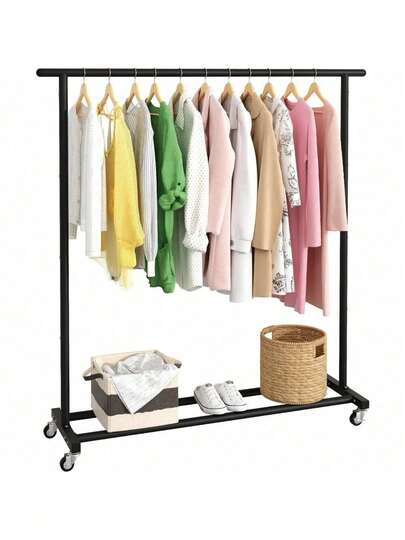 Perchero de ropa estándar con barra simple, organizador de metal con ruedas, perchero independiente con ruedas, color negro