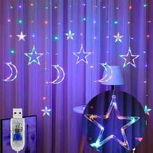 1 Piece Of Starry Moon Curtain Light, Holiday LED Window String Light -3.5m/137.8inch, 8-Mode USB Power Supply, Warm And Colorful, Suitable For New Year's, Festival Celebrations, Parties And Dinners. Gift Creativity, Including Star And Moon Design, Including New Moon And Stars - Suitable For Bedroom Decoration, Party Embellishment Or Gifts - Always On Mode Autumn Lighting - 彩色 - 查看 3