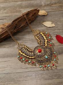 Vòng cổ tua rua cổ điển, Dây chuyền xương đòn ngắn khảm nhựa cho nữ, Vòng cổ hợp kim - Màu vàng cổ kính - Xem 6