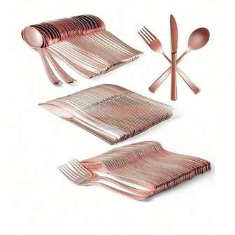 150/100/50/30/25/10/5pcs Set Rose Gold Knife/Fork/Spoon For Cake, Salad, Western Meal, Pasta, Coffee Stirring, Reusable And Washable Cutlery Set, Suitable For Party, Outdoor, Family Gathering, Wedding, Birthday, Holiday, Halloween, Christmas Gift, Easy To Clean And Reusable! Durable Tableware - Perfect Party Supplies