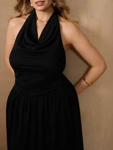 大码优雅黑色深V领垂褶中长连衣裙，派对礼服，优雅连衣裙，下午茶连衣裙 - 黑色 - 查看 5