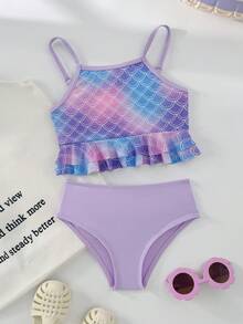 Young Girls Ombre Mermaid Scale Bikini Swimwear - Multicolor - View 1