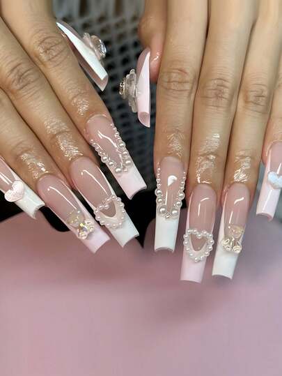 24pcs Long Coffin Shaped Nails, Y2K French Tip With Curved Rhinestone Design, Full Cover Nail Tips For Women And Girls, Autumn/Winter