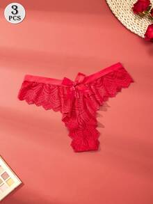 3pcs/Pack Plus Size Women Lace Thong Panties With Bow, Sexy Transparent Elastic Comfortable Underwear, Black & Red Thong With Bowknot - Multicolor - View 3