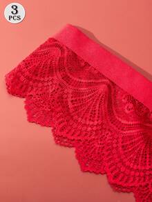 3pcs/Pack Plus Size Women Lace Thong Panties With Bow, Sexy Transparent Elastic Comfortable Underwear, Black & Red Thong With Bowknot - Multicolor - View 7