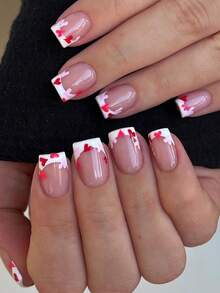 24片短方形美甲贴纸，简约白色法式设计，适合春夏、情人节（包含红色爱心元素），浮雕贴纸套装，亚克力美甲贴纸，短款美甲套装，美甲护理产品。适合女士约会、派对、日常工作、新年礼物，可提升您的魅力。美甲，美甲用品 - 彩色 - 查看 8