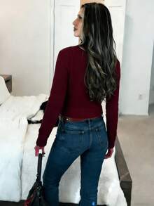 Joy Knit 女款冬季針織毛衣 秋冬時尚新款 基礎上衣 極簡休閒百搭 動物圖案馬匹提花 立領半高領雙拉鍊針織開襟毛衣外套 適合節慶、生日、派對、海灘 - 酒紅色 - 查看 6