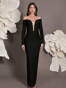 Knitted Bandage Long Sleeve Bodycon Dress, Elegant Cocktail Party Gown For Women - Black - View 6