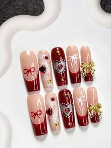 10片浪漫红色系列美甲贴纸套装，法式美甲套装，手绘蝴蝶结和爱心美甲装饰，中长杏仁形美甲贴纸，方形美甲贴纸，鸭嘴形美甲贴纸，红色闪光水钻假指甲，合金蝴蝶结美甲配件，包含工具包，适合女性和女孩，派对、约会、外出就餐、日常美甲用品 - 彩色 - 查看 13