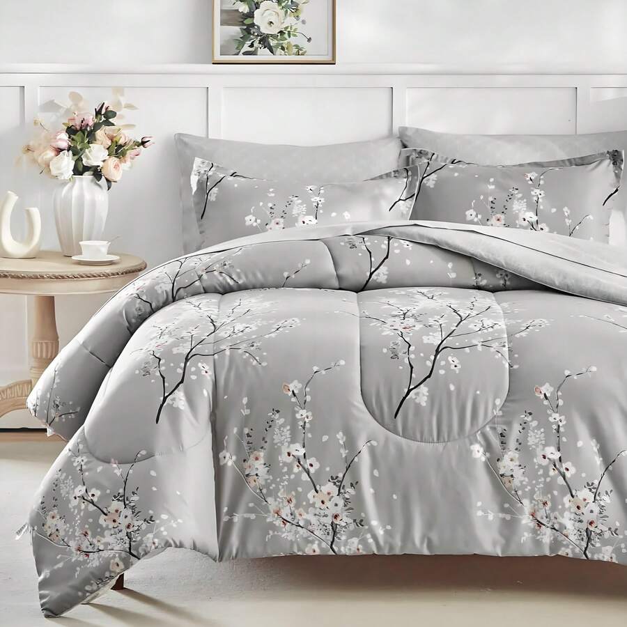 3 Pieces Grey Comforter Set Queen King Size, Leaves Bed In A Bag Comforter Set, Soft Lightweight Bedding Set (1 Comforter, 2 Pillowcases),Halloween Bed Room Decro, Christmas Day Gifts, All Season - 淺灰色 - 查看 1