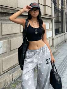 女士星形图案抽绳口袋裤，休闲街头风设计。适合派对、日常穿着和换季时节。 - 灰色 - 查看 7