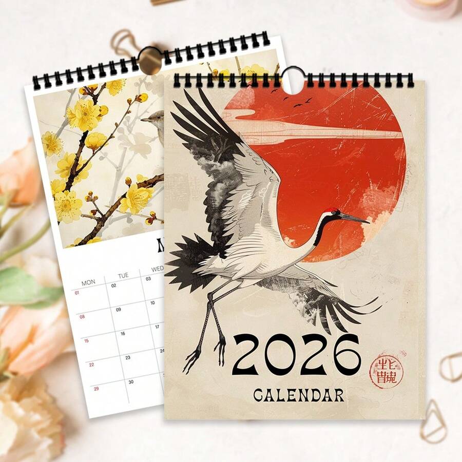 1pc 2026 Wall Calendar, Vintage Japanese Style Ukiyo-E Illustrations, 12 Different Artwork, 2026 Monthly Planner, Perfect Gift For Birthday, Christmas, New Year, Includes US Version - Single Piece - View 1