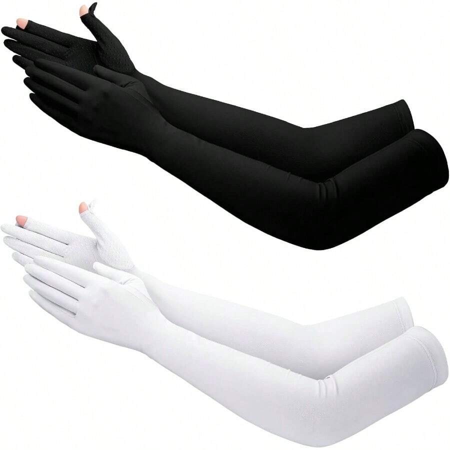 - 2 pares de guantes largos para el sol para mujer, guantes de conduccin antideslizantes para los dedos completos, proteccin para deportes al aire ltima intervensin - negro, blanco - Ver 1