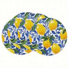 4-Piece Lemon Leaf Pattern Round Linen Texture Placemats - Heat-Resistant And Washable, 15inch Table Mats, Suitable For Elegant Dining And Lemon-Themed Kitchen Decoration, Essential For Table Setting, Gorgeous Patterns, Heat-Resistant Mats, Durable Fabric, Decorative Placemats, Kitchen Enthusiasts, Party Hosts - 4pcs/多色 - 查看 1