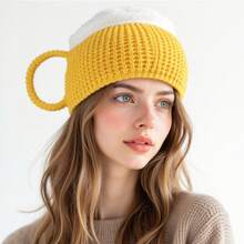 1pc Funny Beer Mug Knit Hat, Unisex Winter Warm Beanie - Patchwork Design Makes Face Look Smaller, Quirky Beer Hat - Suitable For Outings, Gatherings, Travel, Photography And More - A - View 5