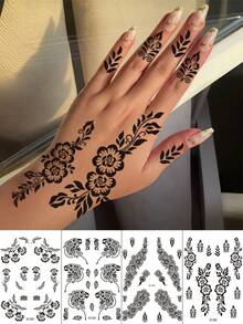 4pcs Henna Temporary Tattoo Stickers, Black Lace Hand Tattoo, Ramadan Mandala Rose Henna Tattoo, Suitable For Women Makeup, Party, Festival, Wedding, Bridal Accessories, Valentine's Day - Black - View 1