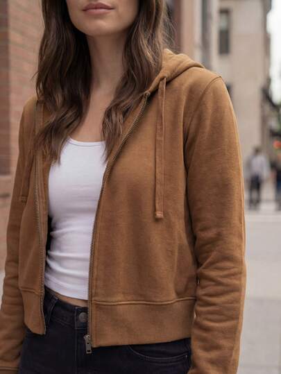 DEVIT - Sudadera con Capucha Crop Recortada de Mujer, Cremallera Frontal Completa y Cordones, Manga Larga, Casual, Moda Deportiva, Ajuste Holgado, Invierno, Otoño, Colores Negro, Oxford, Camel, Fiusha, Verde Militar y Lila.