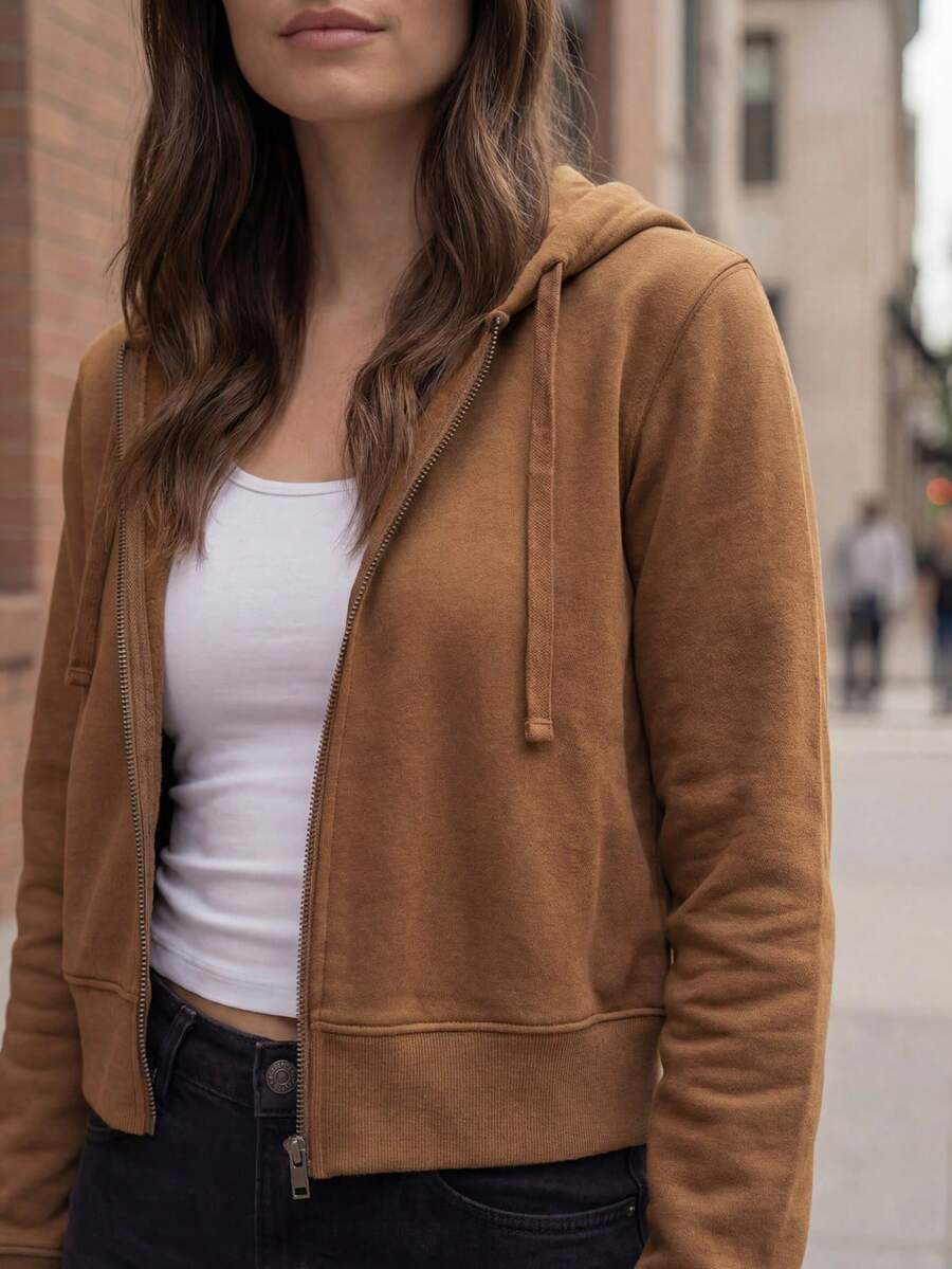 DEVIT - Sudadera con Capucha Crop Recortada de Mujer, Cremallera Frontal Completa y Cordones, Manga Larga, Casual, Moda Deportiva, Ajuste Holgado, Invierno, Otoño, Colores Negro, Oxford, Camel, Fiusha, Verde Militar y Lila.