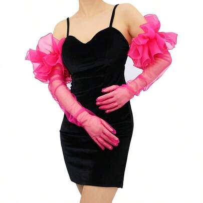 Women's Puff Sheer Long Gloves Oversize Tulle Mesh Gloves Cocktail Opera Party Gloves with Puff Sleeve Gloves