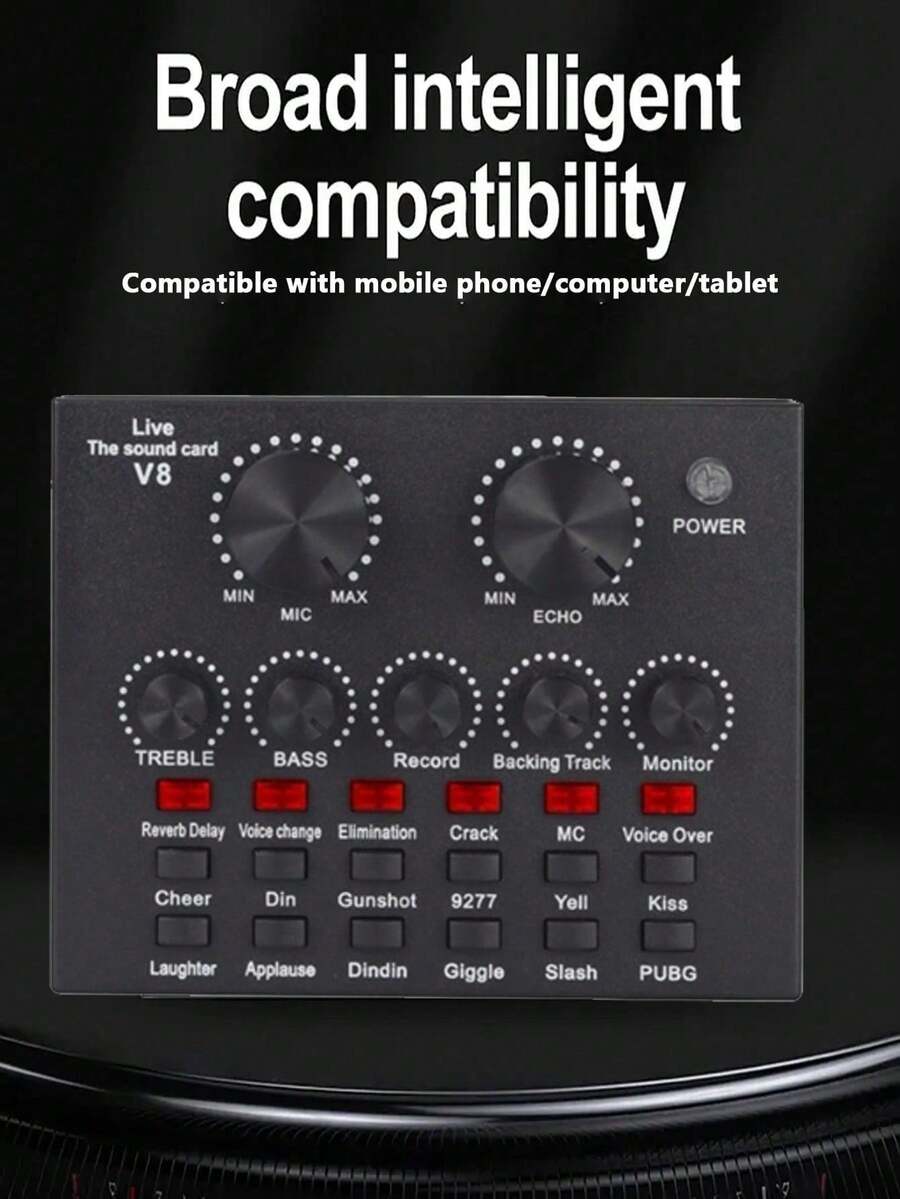 V8 Real-Time Mixer Sound Card With Multiple Effects, Suitable For USB Rechargeable Audio Converter Sound Card, For High-Quality Recording, Singing, Streaming And Gaming - Black - View 1