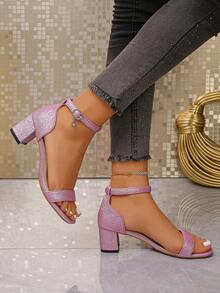 2026 New Round Toe Chunky Heel Strap Rhinestone Buckle Sexy Women Sandals - Pink - View 3