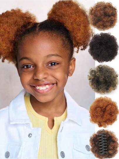 1PC Curly Hair Bun Wig For Children Clip Style Fluffy And Natural Small Curly Hair Bun Wig Synthetic Heat-Resistant Fiber Wig, Suitable For Beginner Girls' Daily Wear
