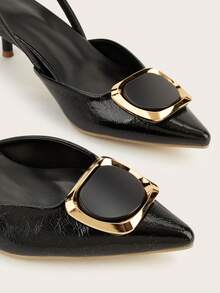 女士黑色漆皮尖头小猫跟浅口鞋，优雅正式晚宴鞋，带踝带 - 黑色 - 查看 4