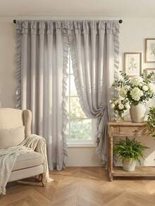 1pc Plain Voile Ruffle Edge Curtain, Nordic Luxury Solid Semi-Sheer Lightweight Soft Ruffle Edge Curtain, Suitable For Living Room Bedroom, Party Holiday Home Decor - Light Grey - View 3