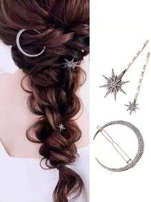 3pcs/Set Retro Geometric Rhinestone Moon, Snowflake, Star Hair Clips Set, Sweet & Chic, Suitable For Ramadan, Party, Daily Wear, Holiday Gift - Silver - View 1