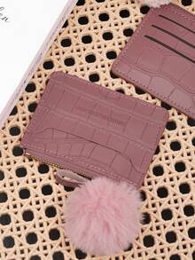 Adorned With A Delicate Pom Pom,Pink Letter Embossed Zipper Small Wallet Coin Pocket Small Purse Bifold Slim Women Wallet MiniThin,Lightweight,Multi Layer Portable,ID Card,Money Credit Card Minimalist,Fashion,Modern,Business,For Anniversary,For Birthday Gift,For Gift,For Girls,For Lady,For Female,Bag School Supplies For School Dorm Room & Back To School - Pink - View 9