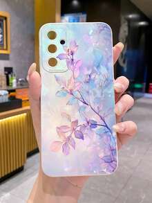 1 pieza Funda de teléfono anti-caída con flor púrpura degradada impresa con UV, compatible con modelos Android /Galaxy/Infinix/Redmi/OPPO/VIVO/Realme - Beis - Ver 1